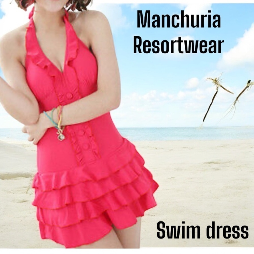 Manchuria Red Japanese Swim Suit V-Neck Ruffle Tiered Skirt Padded Cups Stretch